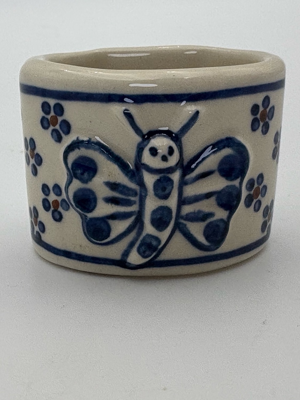 Vintage Hand-Painted Polish Pottery Butterfly Napkin Ring - 2 Inch